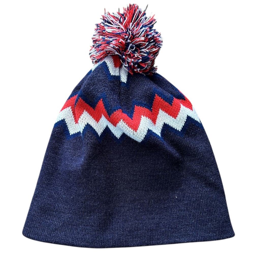 Aksels Hand-Knit Zig-Zag Navy Blue Beanie w/ Tri-Color Pom - Picture 2 of 5